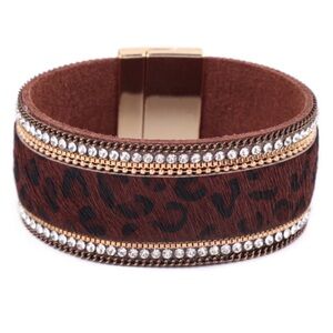 Leopard Rhinestone Calf Hair Leather Magnetic Cuff Bracelet